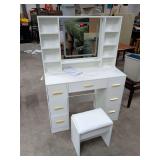 NEW - ADRIEL MAKE-UP VANITY WITH LED TOUCH LIGHT IN MIRROR WITH VANITY STOOL ALSO HAS USB AND ELECTRIC PLUGS - 7 DRAWER - 40X16X56