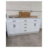 NEW - ARIEL - HEPBURN - DOUBLE BOWL BATH VANITY WITH MARBLE TOP AND 2 SINK INSERTS AND MATTE BLACK FINISH HANDLES WITH MARBLE BACKSPLASH - 73X22X36 1/2