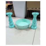 TEAL METAL TRAY AND 2 CANDLE HOLDERS