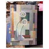 LARGE MODERN FLORAL CANVAS PAINTING FEATURING WHITE FLOWERS IN MUTED VASES AGAINST A GEOMETRIC BACKGROUND-MEAS.- 36x24