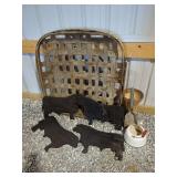 Farm Decor Lot Including Wooden Animal Silhouettes, Woven Basket, and Enamelware