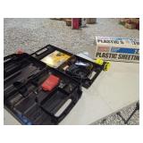 Tools and Supplies Lot including Wen Soldering Gun, Drill Bit Set, and Plastic Sheeting