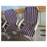 Pair of Folding Outdoor Lawn Chairs with Red, White, and Blue Striped Fabric