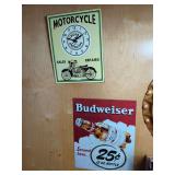 Indian Gasoline Motorcycle Clock and Budweiser Metal Sign