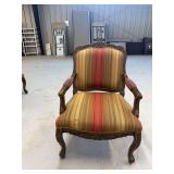 Carved Wood Accent Chair with Striped Upholstery