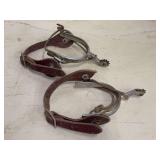 Pair of Chrome Plated Metal Equestrian Spurs with Leather Straps
