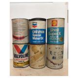 Set of Six Motor Oil Cans Including Havoline, Chevron, Shell, and Valvoline