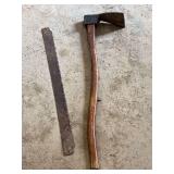Two Hand Tools Including Hand Saw and Mattock with Wood Handle