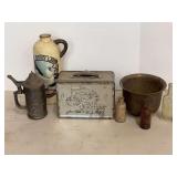 Mixed Decorative Objects and Metalware Assortment including Gatco Brass Planter, Beer Stein, and United States Mint Lunchbox