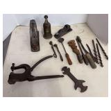 Assorted Hand Tools Including Little Giant Punch, Bed Rock Plane, and Augers
