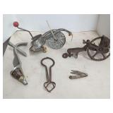 Assorted Metal Kitchen and Shop Tools Including Mouli Grater and Hand Crank Gear Mechanism