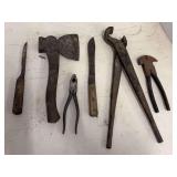 Assorted Metal and Wood Hand Tools Including Hatchet and Pliers