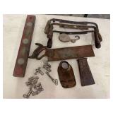 Assorted Hand Tools Including Wood Level, Drawknives, Hand Saw, Pulley, and Chains