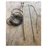 Farm Hand Tool Lot including Five-Tine Fork, Braided Whip, and Drop Light Cord