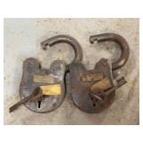 Two Heavy Iron Padlocks with Brass Plaque Inscriptions and Associated Keys