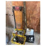 Shop Equipment Assortment Including Creeper, Level, Fan, and Hand Tools