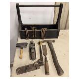 Wooden Tool Carrier with Assorted Hand Tools and Hardware