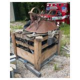 Wooden Pallet Container with Automotive Engine Blocks, Metal Wheelbarrow, and Associated Hardware