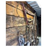 Assorted Farm Equipment Harnesses, Chains, and Wooden Hames