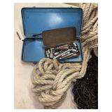Assorted Hand Tools, Multimeter, Welding Electrodes, and Hardware Grouping
