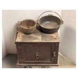 Wagner Ware Cast Iron Dutch Oven and Small Pot with Wooden Cabinet