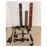 Assorted Hand Tools Including Wood Levels and Brace Drills