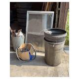 Graco Spray Station 3900, Metal Trash Cans, Plastic Barrels, Window Frame, and Hand Tools