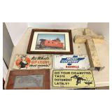 Mixed Media Decorative Grouping Including Framed Railing Photography, Metal Signage, and Sculptural Elements