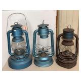 Three Blue Dietz Lanterns Including Jupiter and No. 2 Electric Conversion Models