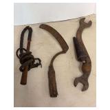 Industrial Implement and Tool Trio Including Braided Whip Sickle and Wrench
