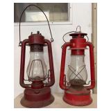 Pair of Red Painted Kerosene Lanterns including Crescent No. 129