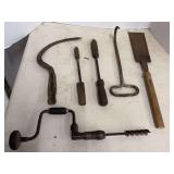 Mixed Hand Tools with Wooden Handles and Metal Implements