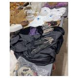 HALLOWEEN COSTUMES- BLACK VELVET CLOAK WITH PURPLE LINER INSIDE, BLACK CLOAK, WIG, MASK, 3- ADULT GHOST PULL OVER  COSTUMES - 1 CHILD-