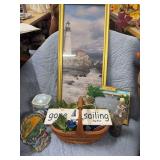 TWO SEA THEMED PICTURES IN FRAMES A GONE SAILING SIGN AND SOME MISC DECORATIONS
