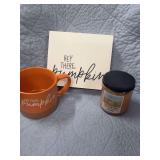 PUMPKIN THEMED CANDLE COFFEE CUP AND SIGN