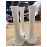 THREE VINTAGE MILK GLASS BUD VASES