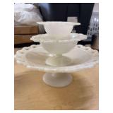 THREE VINTAGE LACED EDGE MILK GLASS DISHES