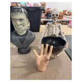 HALLOWEEN DECORATIONS- BATTERY OPERATED FRANKENSTEIN, SKELETON CANDY BOWL, “THING” HAND PEN HOLDER