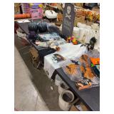 SEVERAL HALLOWEEN DECORATIONS- PUMPKINS, YARD FLAGS, HANGING GHOST, TABLE SKIRTS- HALLOWEEN BAGS ,TOMBSTONE, RAT, ETC.-