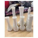 SEVEN VINTAGE MILK GLASS BUD VASES