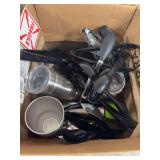 BOX OF SERVING UTENSILS AND ASSORTED CUPS