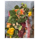 PLASTIC FLOWER ARRANGEMENTS, HOMEMADE KEEPSAKE BOOK, AND A LARGE THROW.