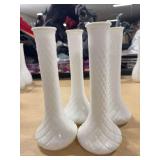 FOUR VINTAGE MILK GLASS BUD DIAMOND QUILTED DESIGN VASES
