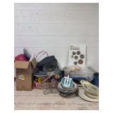 SEVERAL DISHES, LAP DESK, LAPTOP COOLING DESK (NEEDS POWER CORD, CUPS, VASES, AND OTHER MISC