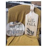 TWO WOODEN FALL DECORATIONS.