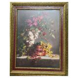 GLASS FRAMED FRUIT, FLOWER, AND CUPID PICTURE