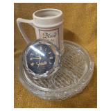 FOUR PADEN GLASS COMPANY SNACK DISHES WITH BASKET WEAVE DESIGN, A NURSING CLOCK, AND A BLESSED GRADUATE MUG