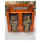 GLASS SKULL SIPPERS SET. 2 TUMBLERS, LIDS AND STRAWS