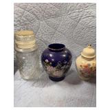 TWO GLASS VASES AND A GLASS CANDY DISH