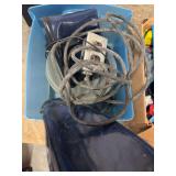 RAIN BOOTS, GLASS LIGHT COVERS, AND AN ELECTRIC CORD WITH BOX OUTLET